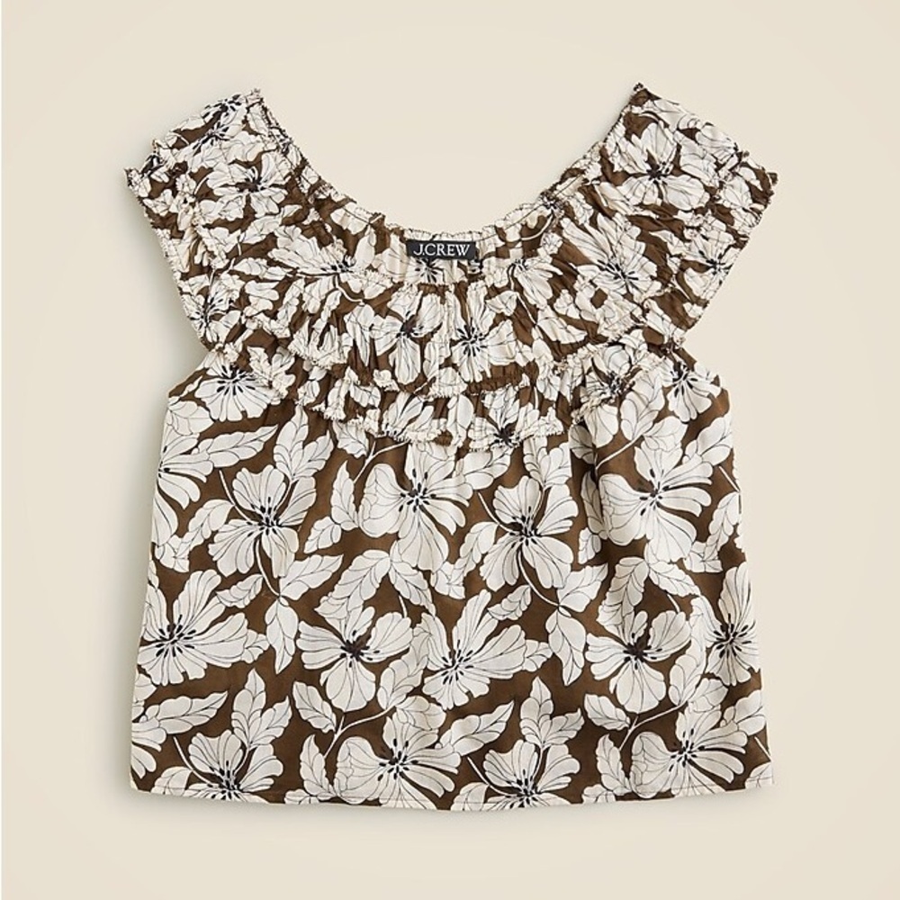 J. Crew Brown and White Floral Smocked Off-Shoulder Top